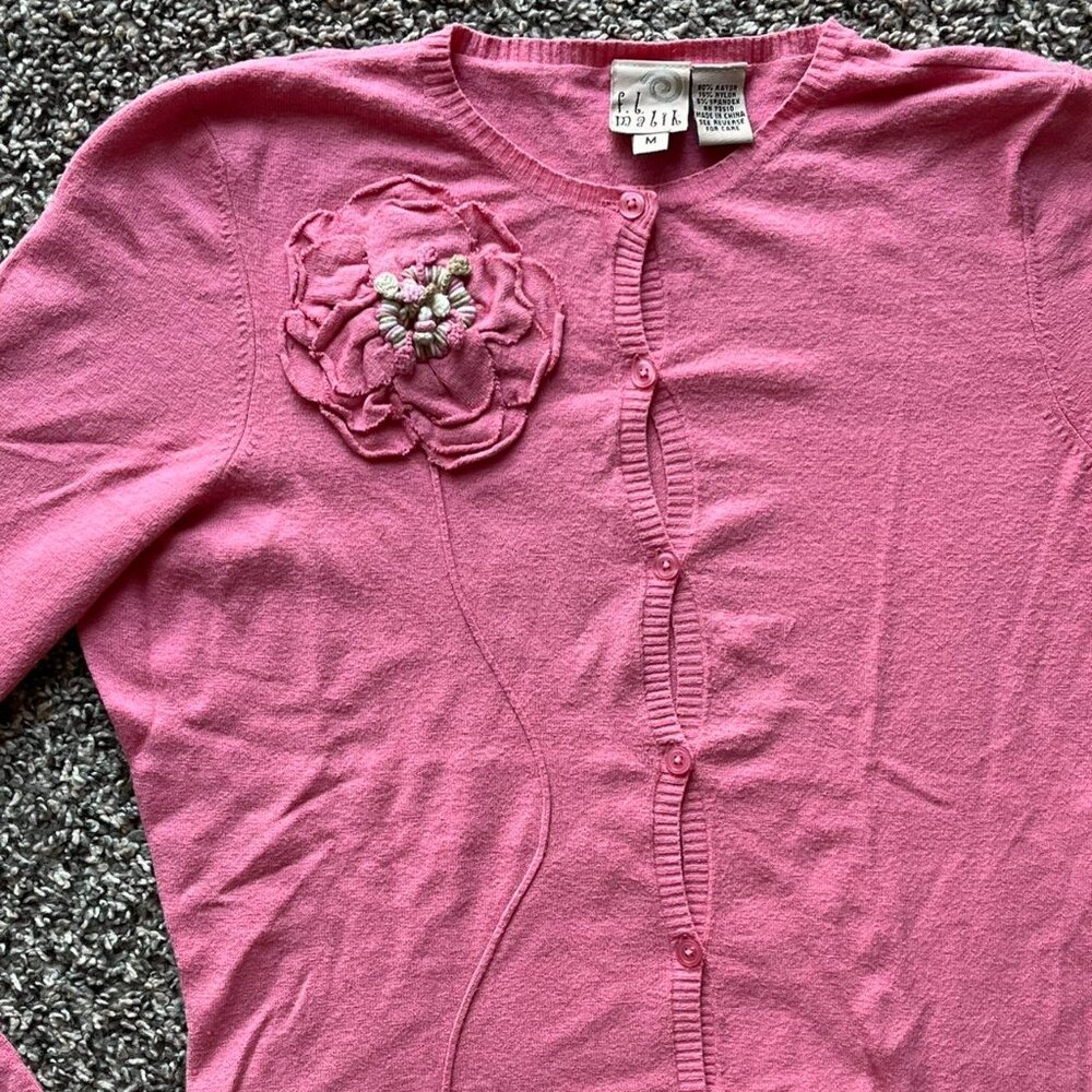 Vintage 90s Pink Cardigan With Flower Brooch Wmn Med Cottagecore Coquette Dainty